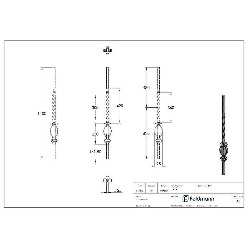 Starting bar 25x25mm, H: 1200mm
