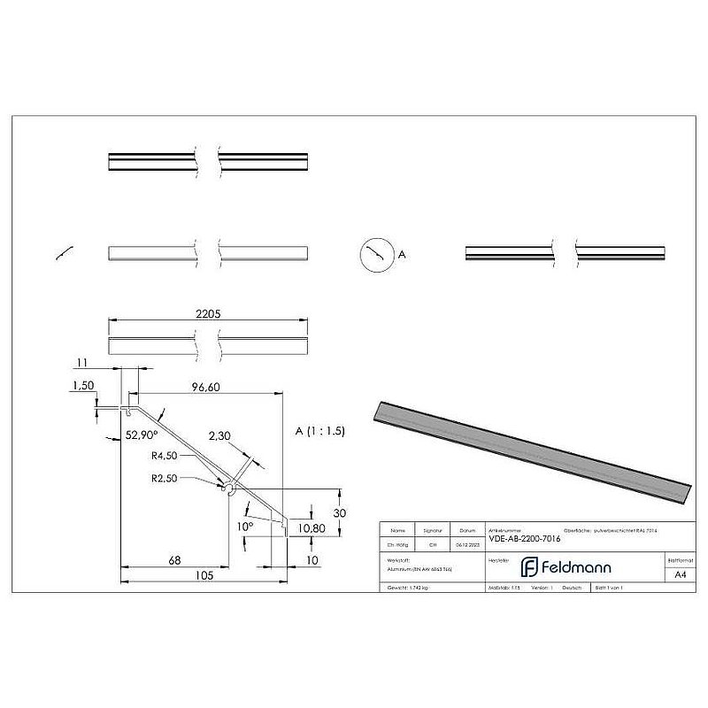 Design-Abdeckung für eleganza canopy, L: 2205mm, RAL7016
