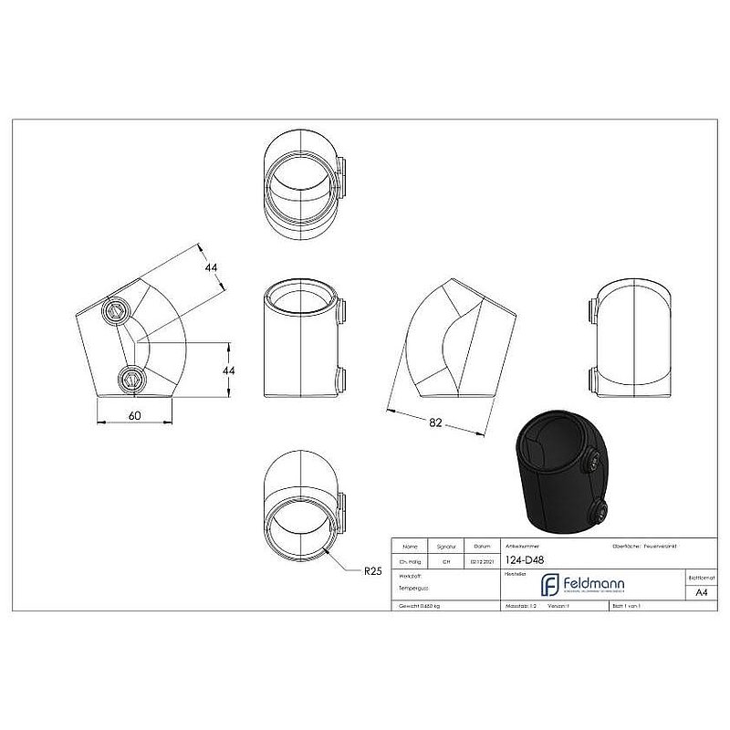 Raccord coudé, inclinaison variable 15 - 60°, pour tube Ø 48,3mm
