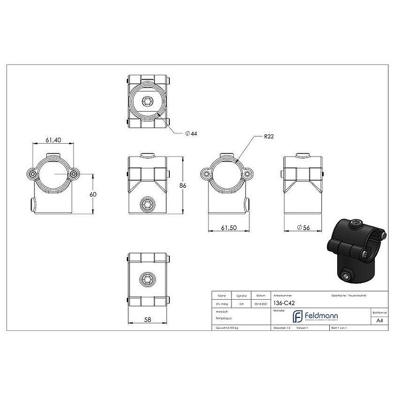 T-piece hinged, for pipe Ø 42.4mm