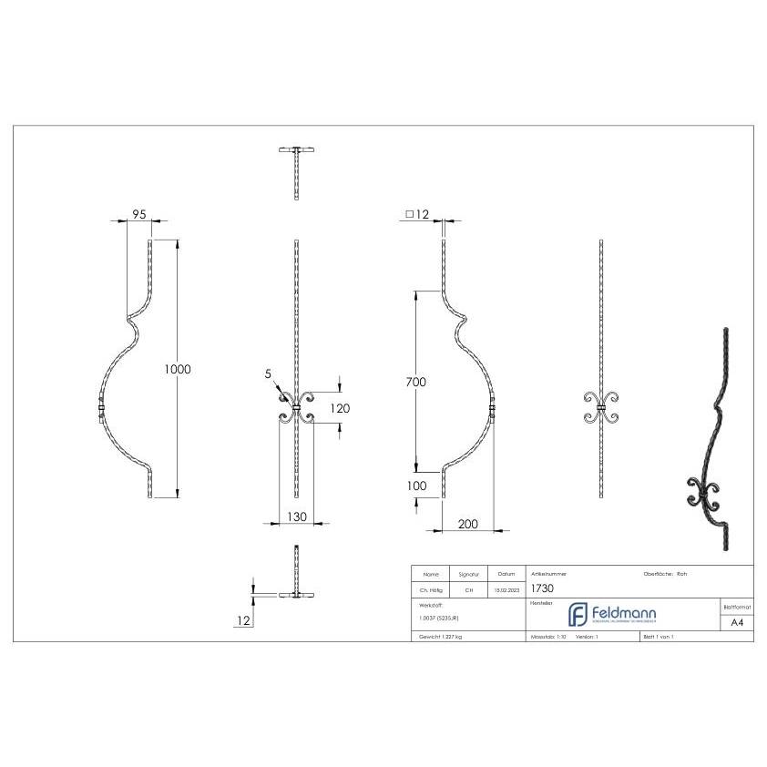 Korbgitterstab 12x12mm, gehämmert, H: 1000mm