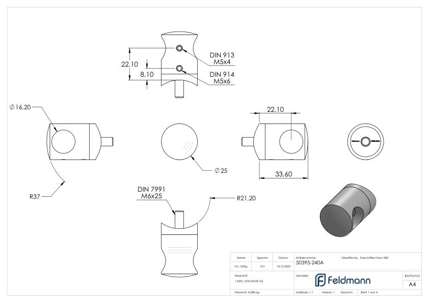 Querstabhalter für 42,4mm Rohr, 16,2mm Bohrung, V2A