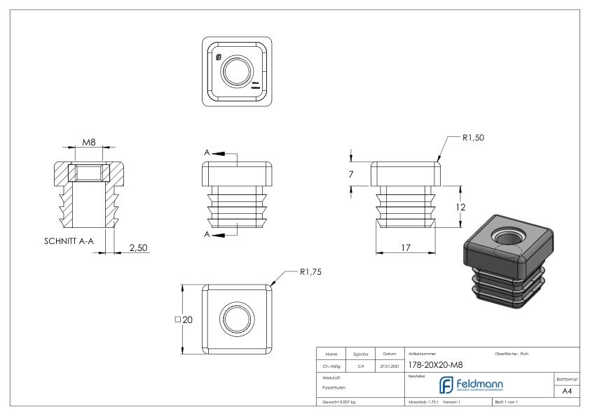 Kunststoffkappe für Quadratrohr 20x20mm mit M8