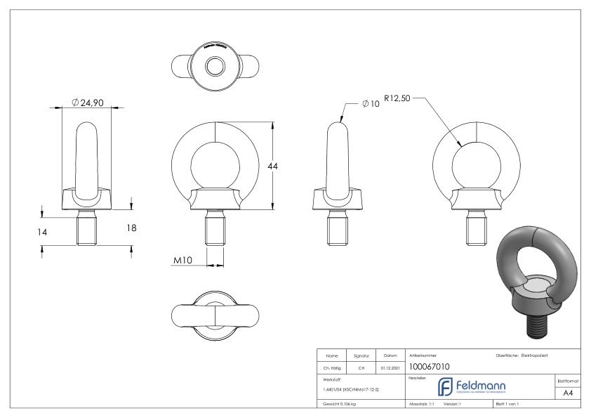 Ringschraube mit Außengewinde DIN 580, Rundeisen: 10mm, V4A