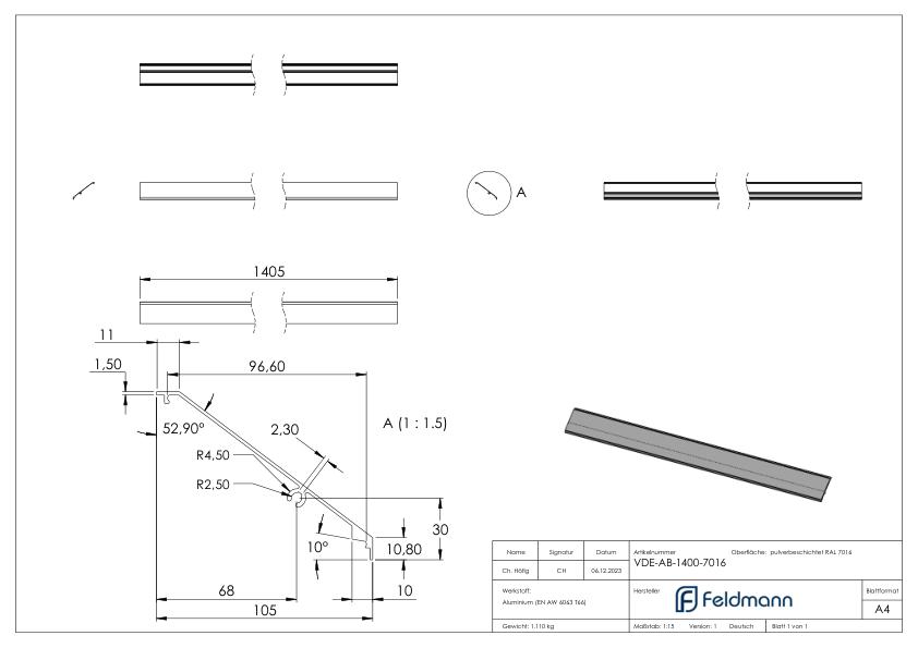 Design-Abdeckung für eleganza canopy, L: 1405mm, RAL7016 Design-Abdeckung für eleganza canopy, L: 1405mm, RAL7016