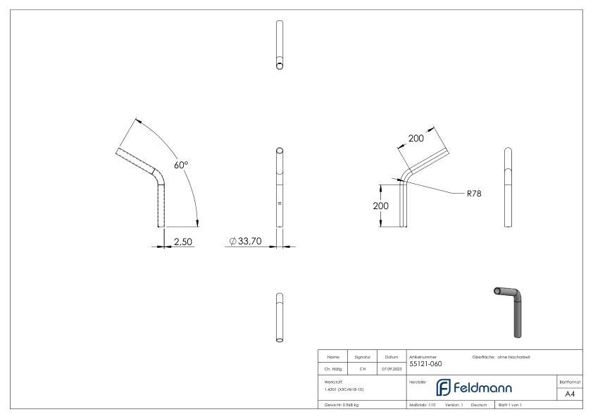 Rohrbogen 60°, aus Rohr 33,7x2,5mm, V2A