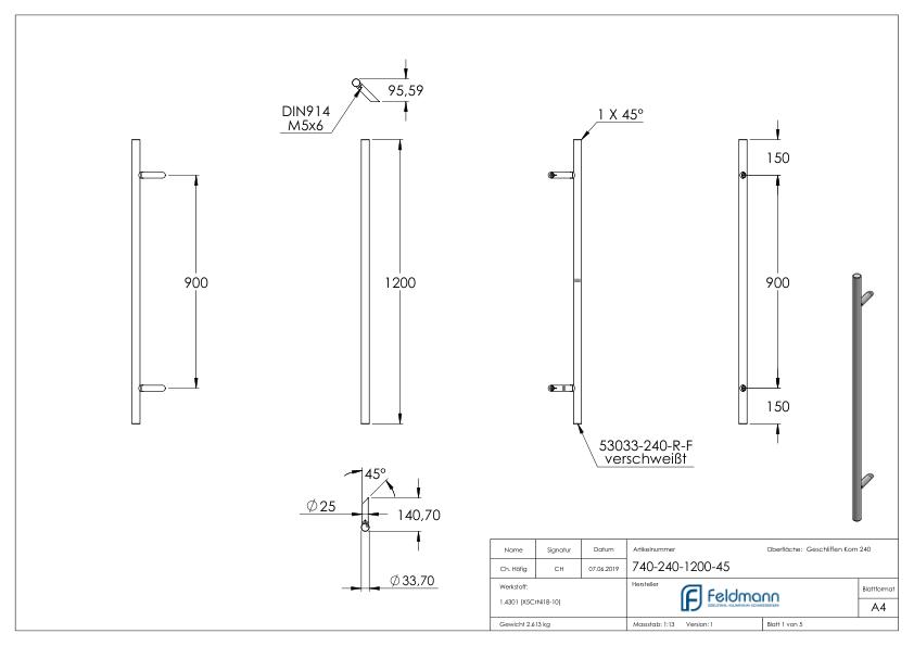 Stoßgriff inkl. Halter mit 45° Schräge 45° mit L: 1,2m, V2A Stoßgriff inkl. Halter mit 45° Schräge 45° mit L: 1,2m, V2A