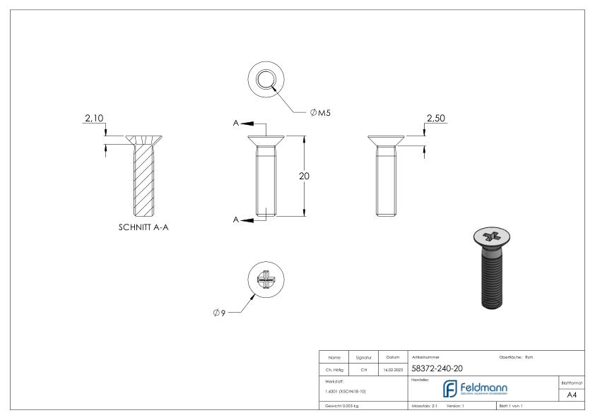 Senkkopfschraube M5x20, V2A DIN 965 Senkkopfschraube M5x20, V2A DIN 965