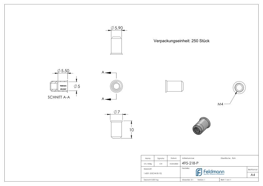 Blind-Einnietmutter, V2A, M4/Loch 6mm, VPE mit 250 Stück, V2A