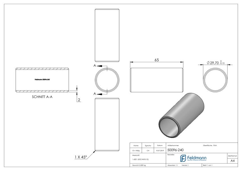 Verbindungsstück für Rohr 33,7x2,0mm, V2A