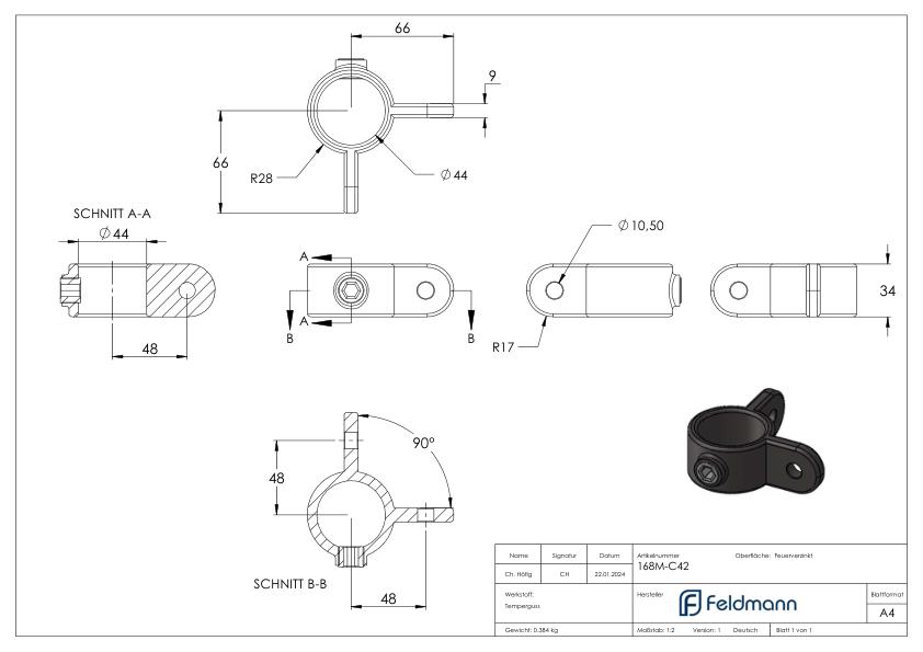 Halter mit 2 Laschen, 90°, für Rohr Ø 42,4mm