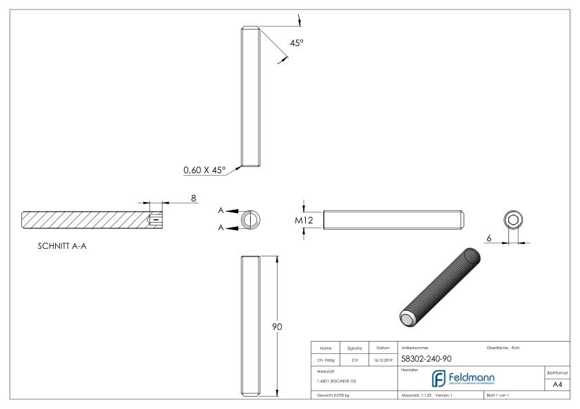 Gewindestift M12x90, V2A, DIN 913 / ISO 4026