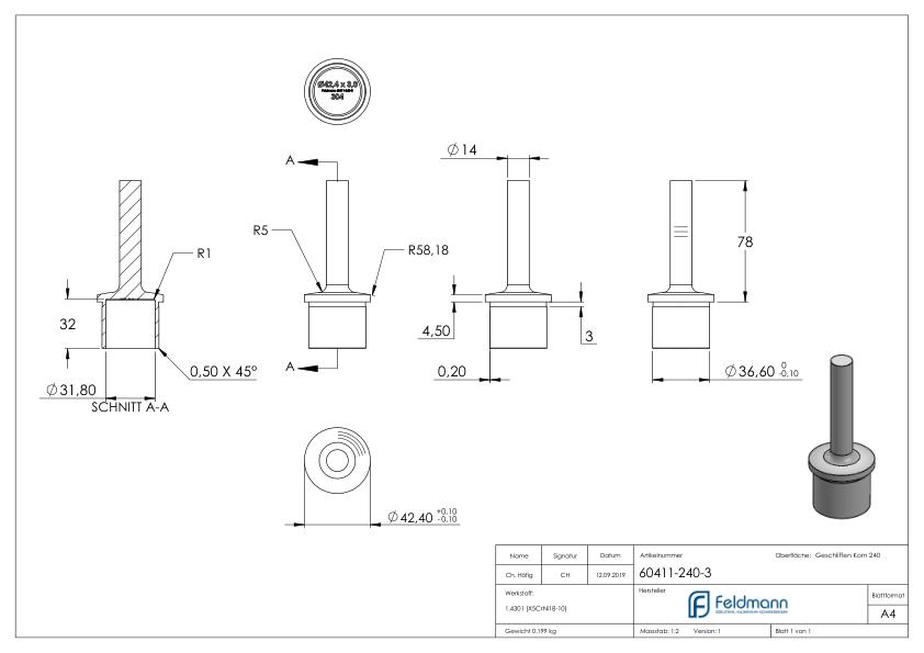 Rohrabschlussstopfen mit Stift für Rohr 42,4x3,0mm, V2A