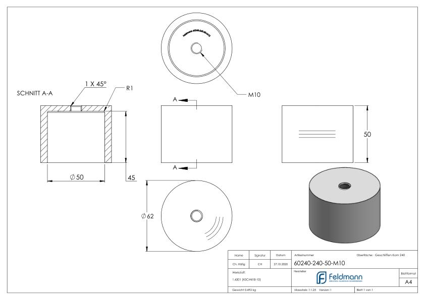 Unterteil für 62mm Glaspunkthalter, T: 50mm, mit M10, V2A