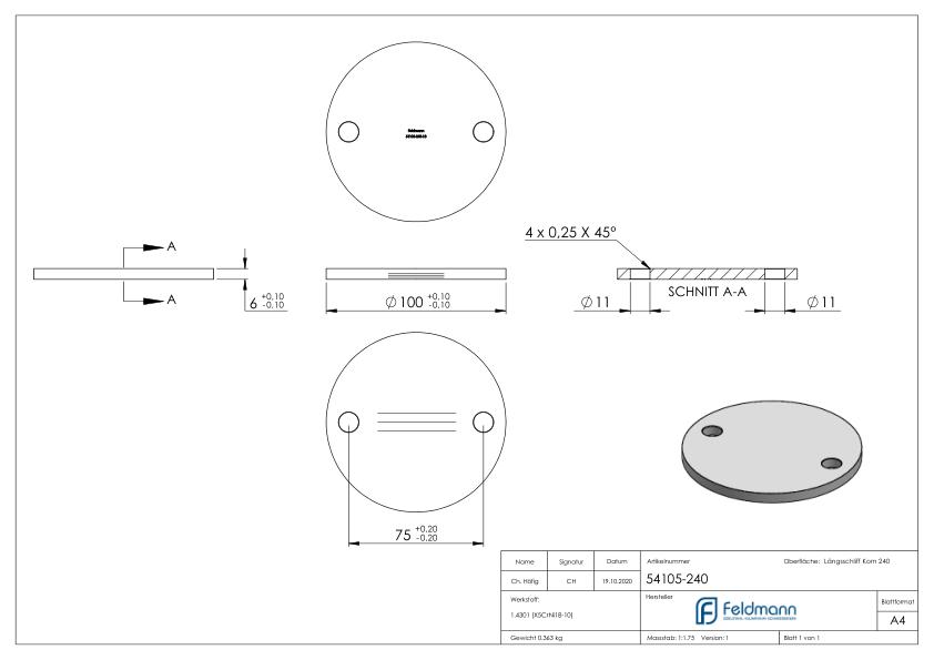 Ankerplatte Ø 100x6mm, mit Längsschliff, V2A