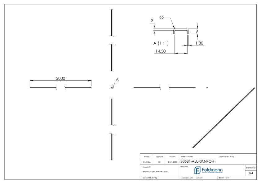 Kantenschutz EXTRA SLIM, für Glas 12,00 - 13,52mm, L: 3000mm, Aluminium roh