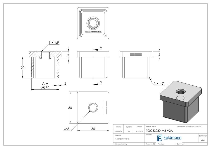 Einsteckkappe, für Rohr 30x30x2,0mm, V2A