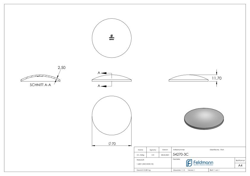 Gewölbte Schale Ø 70x2,5mm, ungeschliffen, V2A