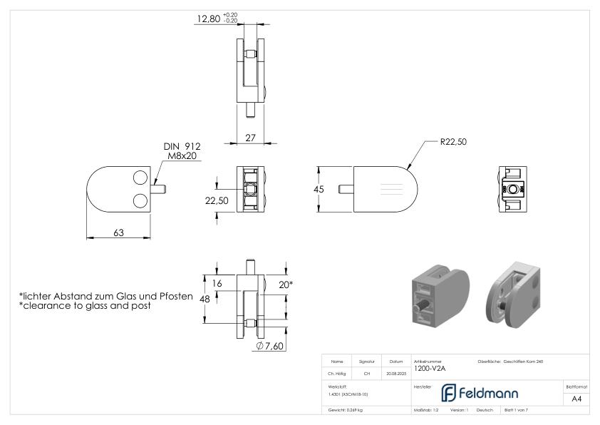 Glasklemme Mod. 12, Anschluss: gerade, V2A