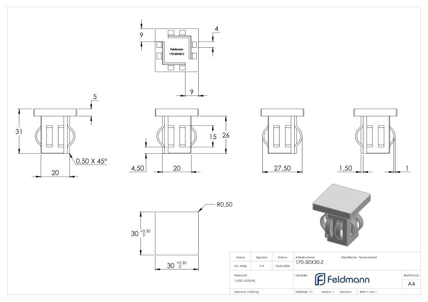 Stahleinschlagkappe, für Quadratrohr 30x30mm, verzinkt
