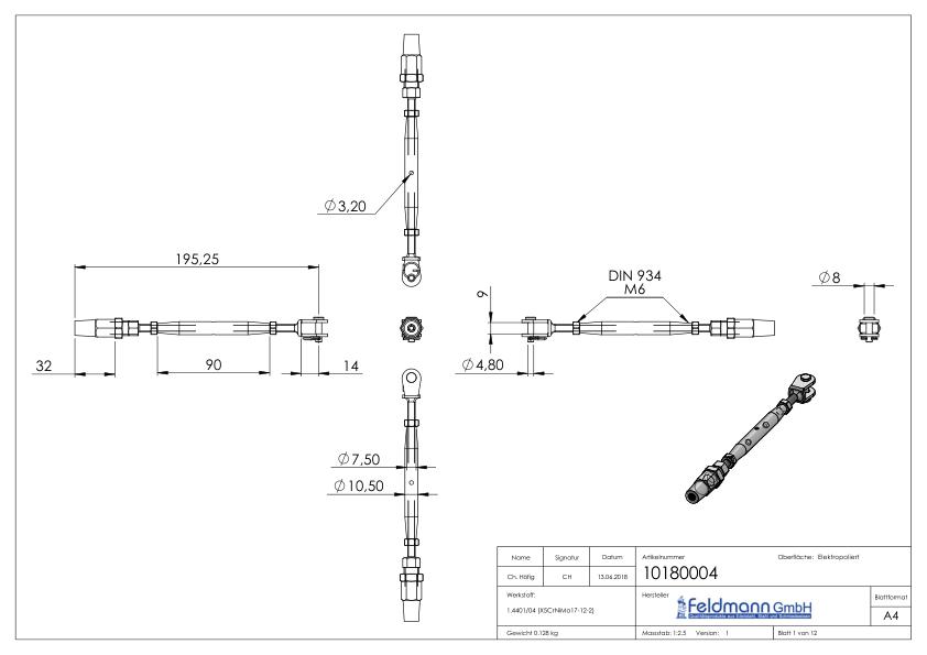 Wantenspanner Gabel zur Selbstmont. Seil 4mm, V4A