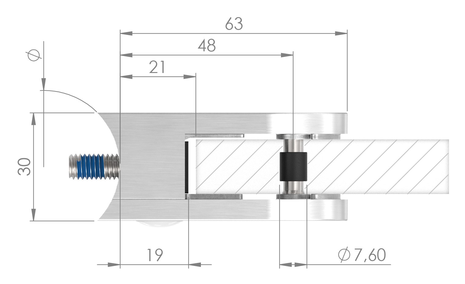 Glasklemme Mod. 38, Anschluss: 60,3mm, VA-Effekt