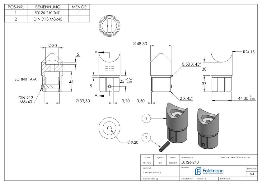 Anschlussstück 90°, Anschluss oben: 48,3mm, V2A