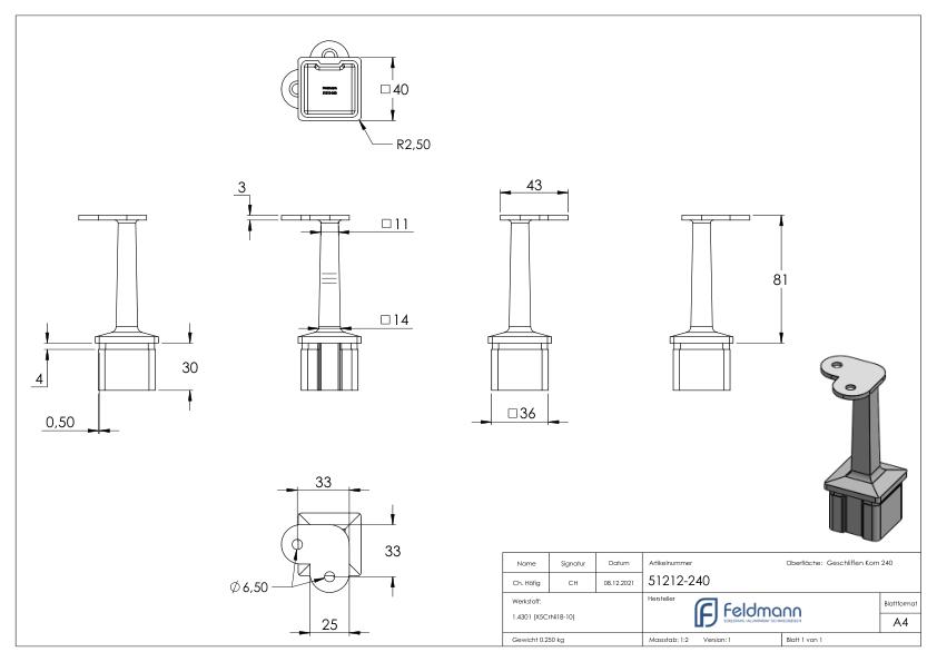 Rohrabschlussstopfen mit Stift für Rohr 40x40x2mm, V2A