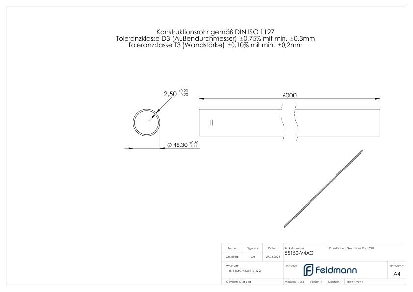 Edelstahlrohr, 48,3x2,5mm, L: 6000mm, V4A-GG