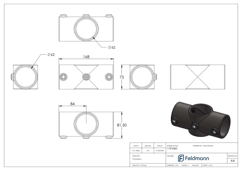Kreuzstück, für Rohr Ø 60,3mm