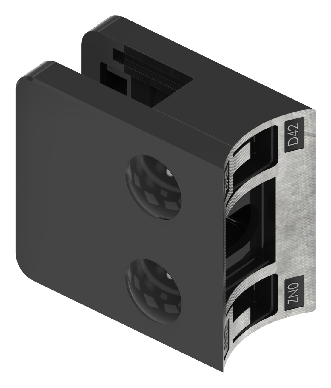 Glasklemme Mod. 31, Anschluss: 42,4mm, Zink roh pulverbeschichtet RAL 9005 schwarz glänzend