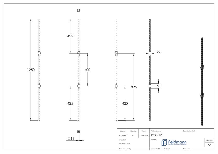 Knubbelstab 13x13mm, gehämmert, H: 1250mm