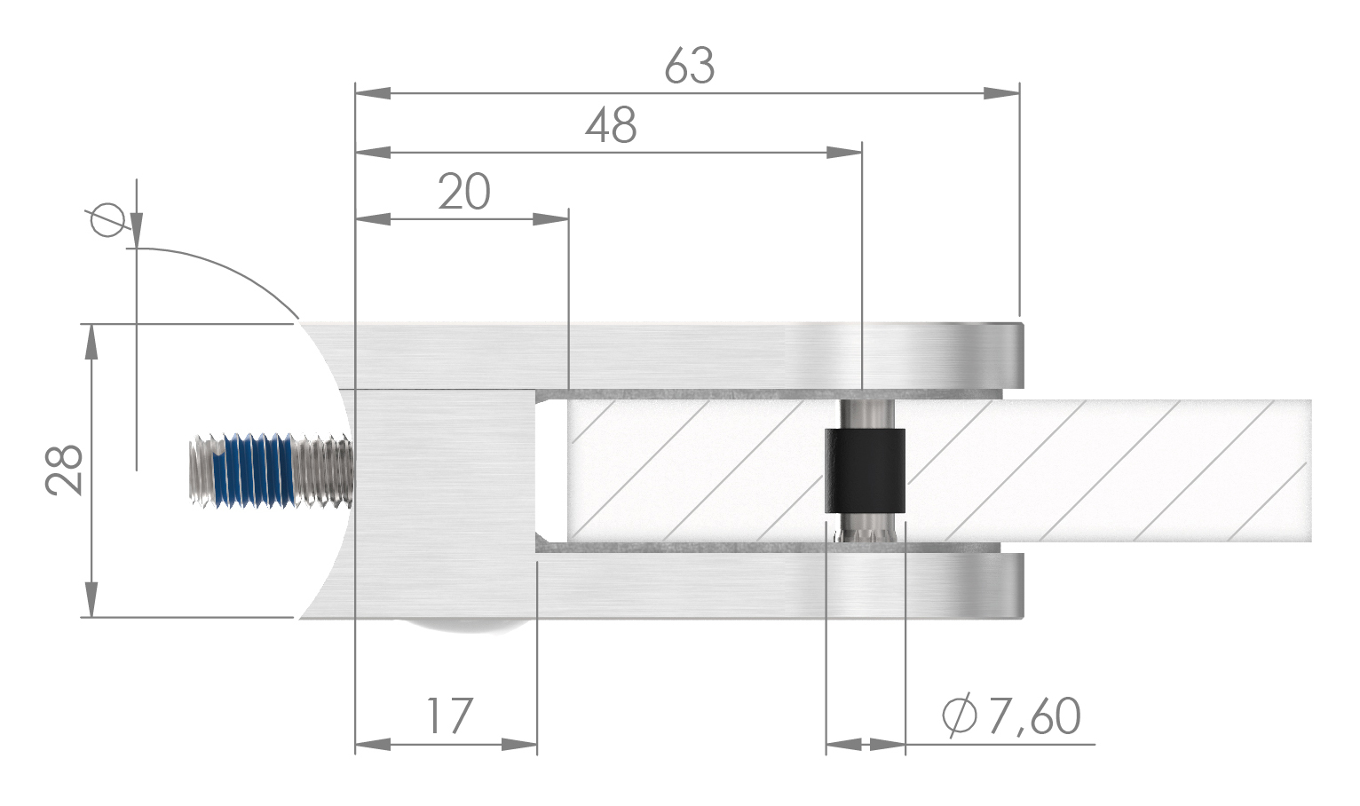 Glasklemme Mod. 12, Anschluss: 42,4mm, VA-Effekt