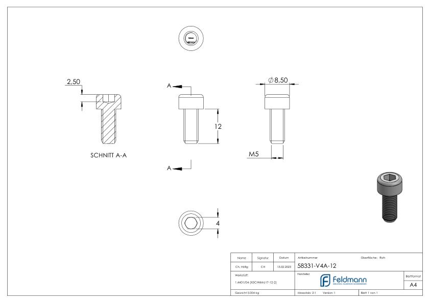 Zylinderkopfschraube M5 x 12, A4, DIN 912