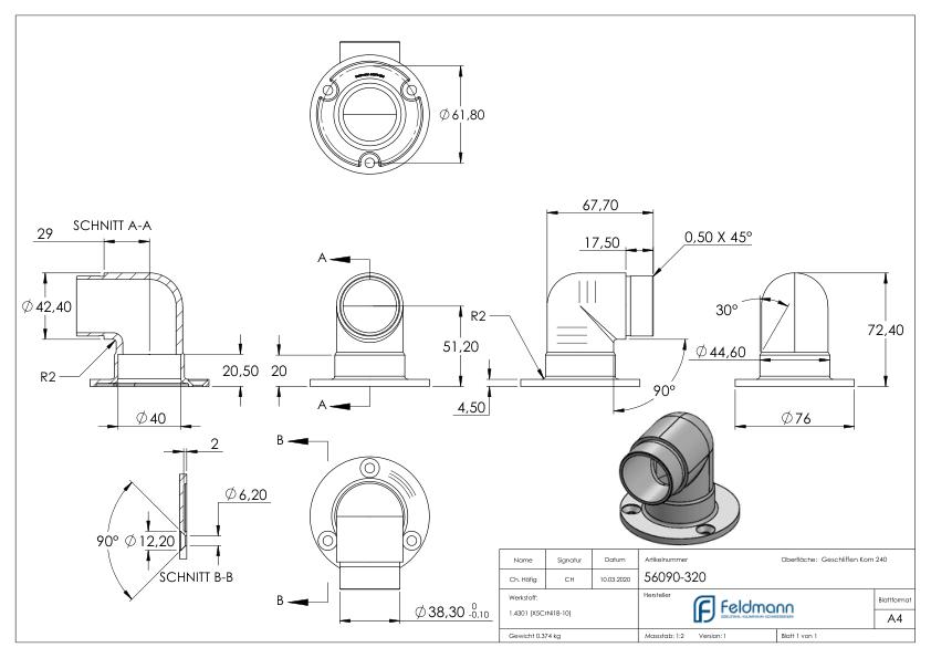Wandhalter 90° kurz, für Rohr 42,4x2,0mm, V2A