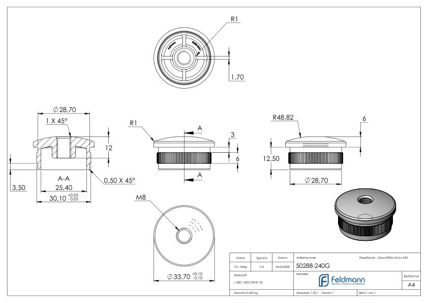 Rohrabschlussstopfen, für Rohr 33,7x2,0mm, V2A