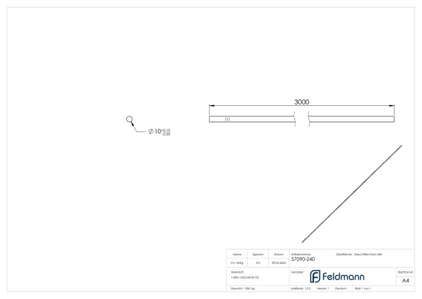 Rundmaterial, 10mm, L: 3000mm, V2A