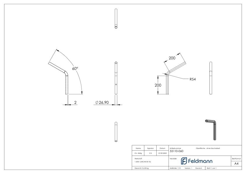 Rohrbogen 60°, aus Rohr 26,9x2,0mm, V2A