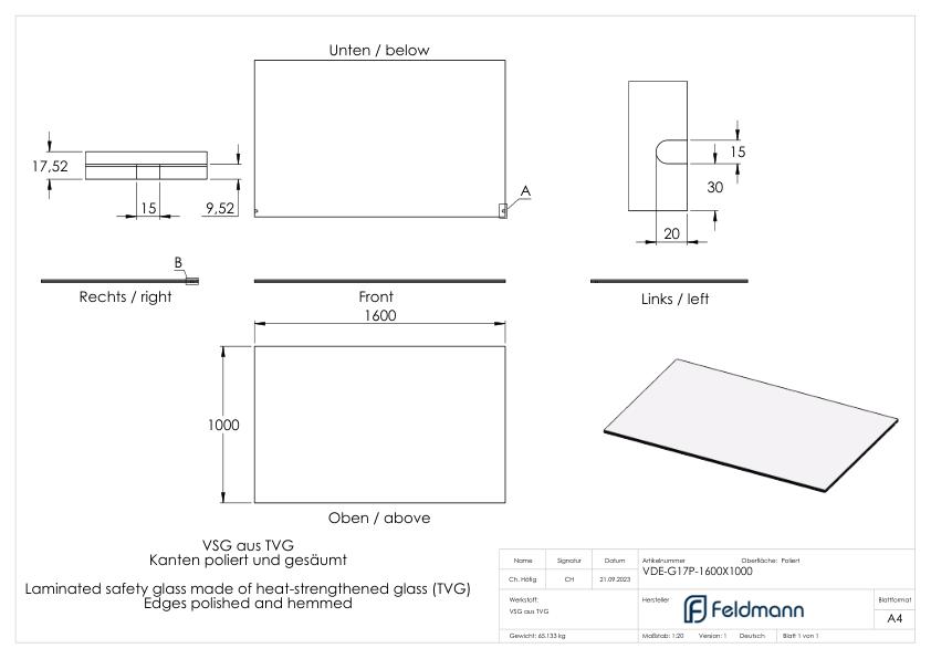 Eleganza canopy Glas: 1600x1000mm VSG aus 2x8mm TVG mit 1,52mm PVB