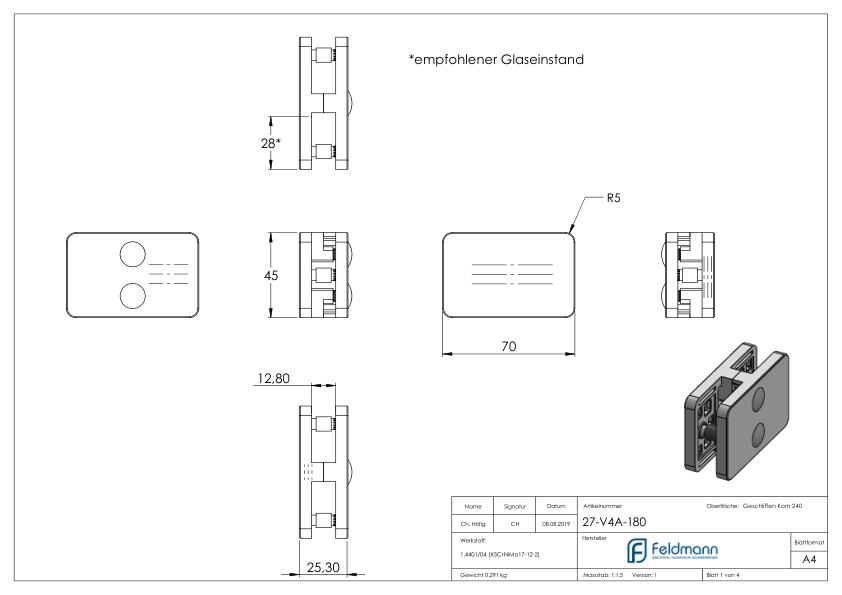 Glasklemme 180° Mod. 27, V4A Glasklemme 180° Mod. 27, V4A