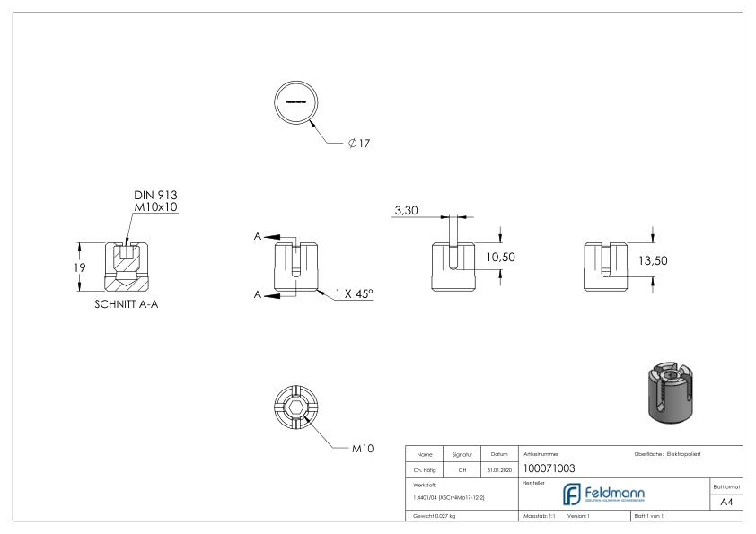 Kreuzklemme für Seil Ø 3mm, V4A