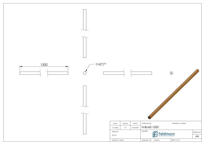 Holzhandlauf Buche, Ø42mm, L: 1500mm