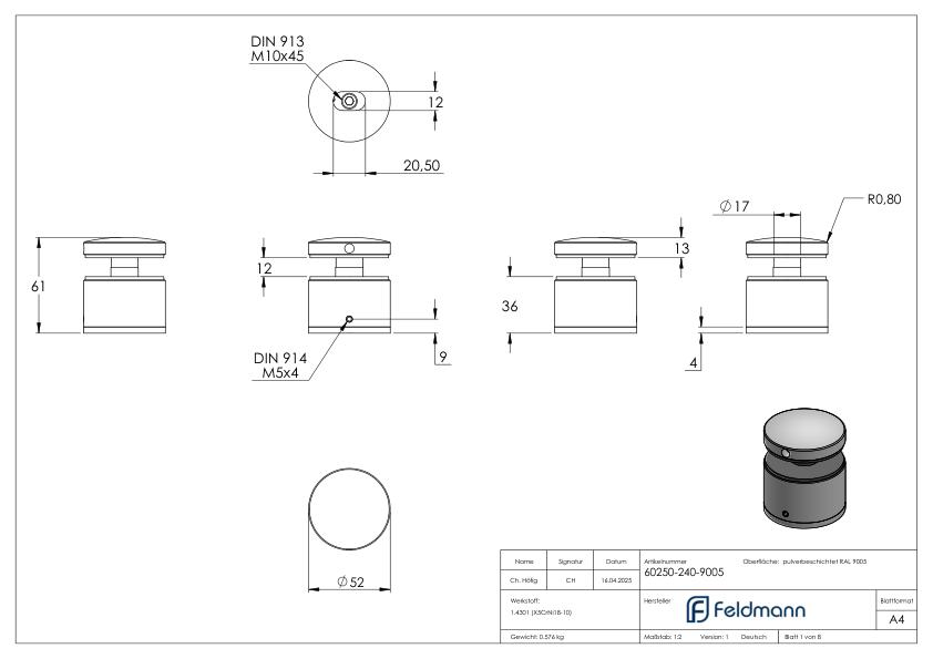 Glaspunkthalter 52mm, flach, verstellbar, V2A, pulverbeschichtet in RAL 9005 schwarz matt