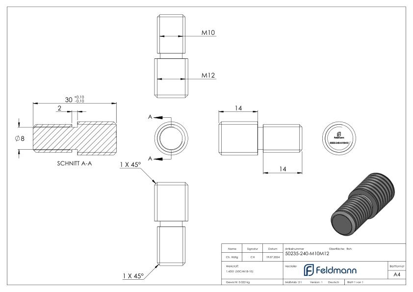 Gewindeadapter von M10 auf M12, V2A