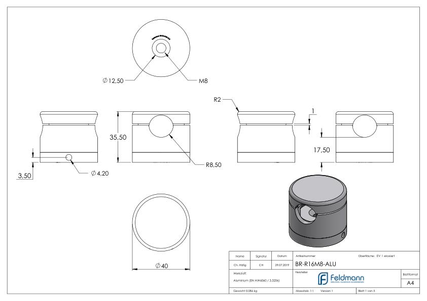Brenk Grundhalter für Stäbe Ø 16mm, ALU