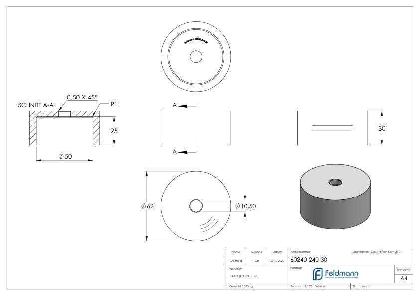 Unterteil für 62mm Glaspunkthalter, t: 30mm, V2A