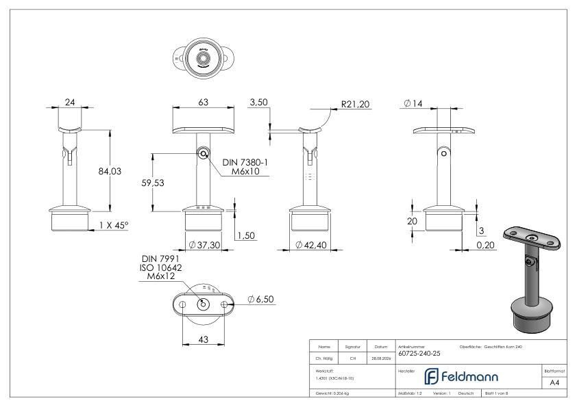Rohrabschlussstopfen für Rohr 42,4x2,5mm, Handlaufanschlussplatte: 42,4mm, V2A