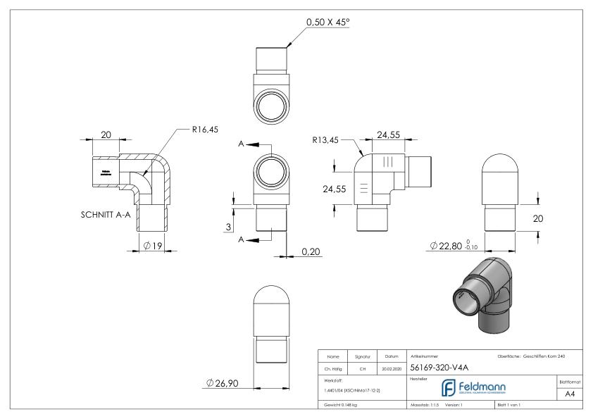 Rohrbogen 90° eng, für Rohr 26,9x2,0mm, V4A