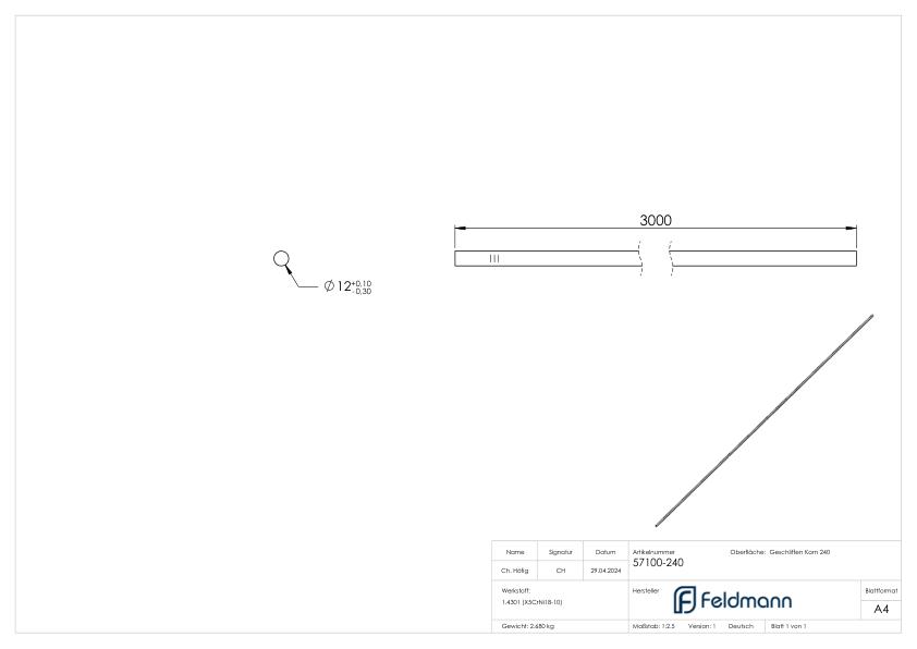 Rundmaterial, 12mm, L: 3000mm, V2A
