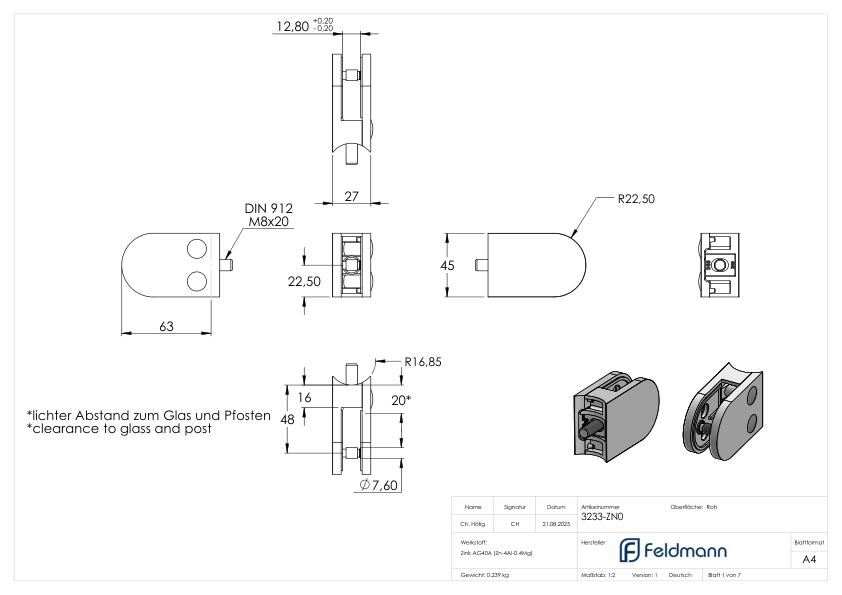 Glasklemme Mod. 32, Anschluss: 33,7mm, Zink roh